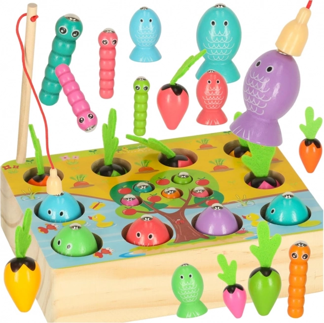 Dřevěná montessori hra – magnetické rybářství, červíci a mrkvičky