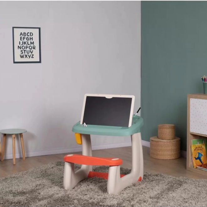 Smoby oboustranný dětský psací stůl s lavičkou a tabulí 2v1 + 80 doplňků