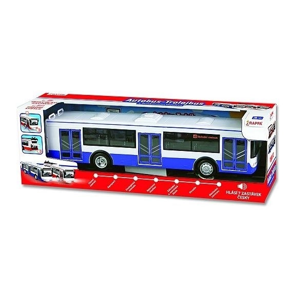 Modrý autobus hlásící zastávky česky 28 cm
