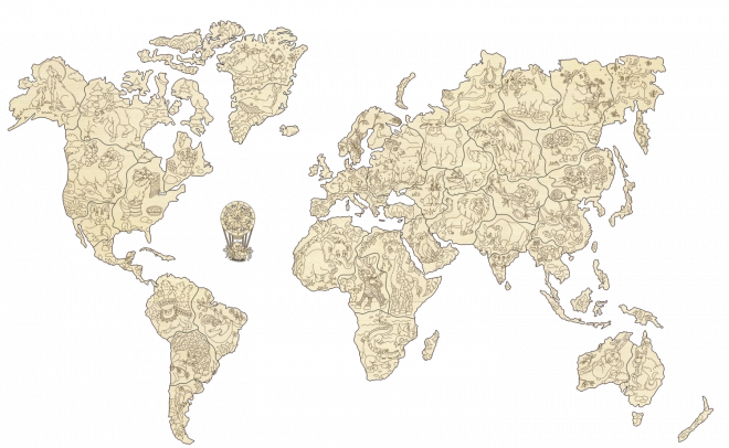 Dřevěná mapa světa se zvířátky