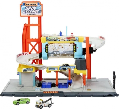 myčka aut matchbox turbo cyklon – vícepodlažní herní set s rampou a servisem