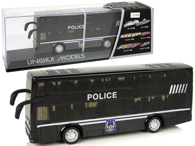 Policejní dvoupatrový černý autobus s třecím pohonem