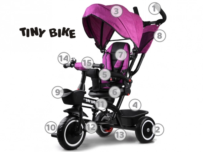 Dětská tříkolka Tiny Bike 3v1 s otočnou sedačkou a stříškou – Růžová