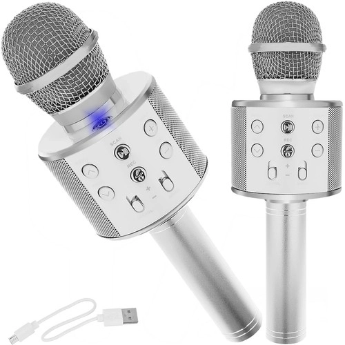 Bezdrátový karaoke mikrofon s reproduktorem – Stříbrná