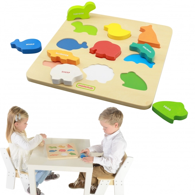 Dřevěný tvarový třídicí box Zvířátka Montessori