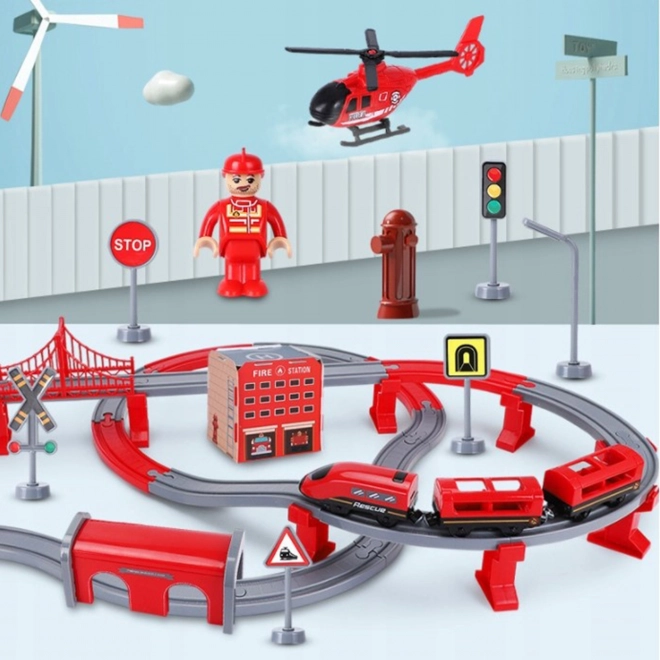 Elektrická lokomotiva hasiči s helikoptérou a auty od Woopie