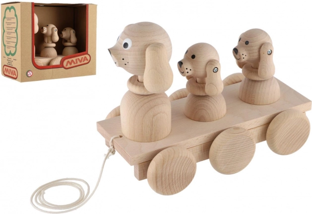 Tahací dřevěná hračka tři psi 22 cm