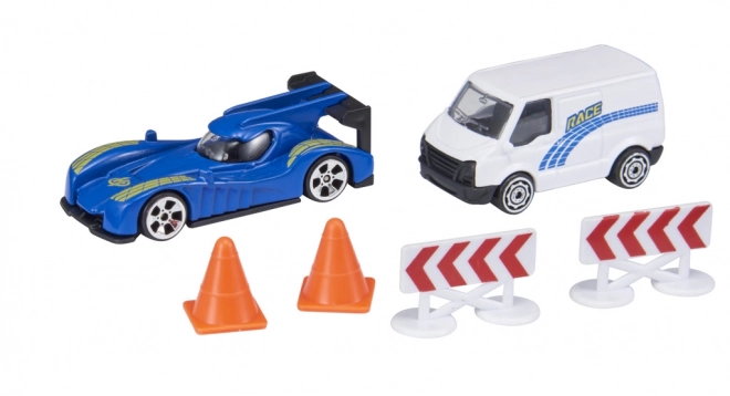 TEAMSTERZ RAPID RACERS – závodní sada autíčko a podpůrná dodávka s kužely a zábranami