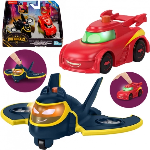 svítící vozidla dc batwheels – sada 2 ks (redbird a batwing) 1:55