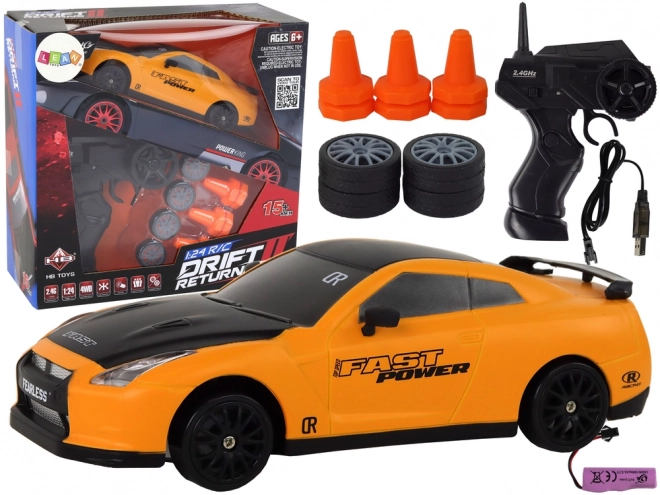 Dálkově ovládané sportovní auto R/C 1:24 vyměnitelná kola – žluté