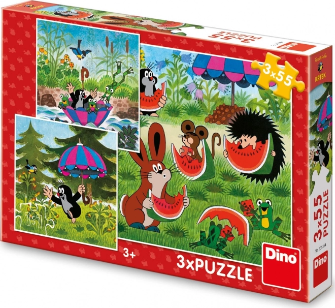Dino Krteček a paraplíčko puzzle 3x55 dílků