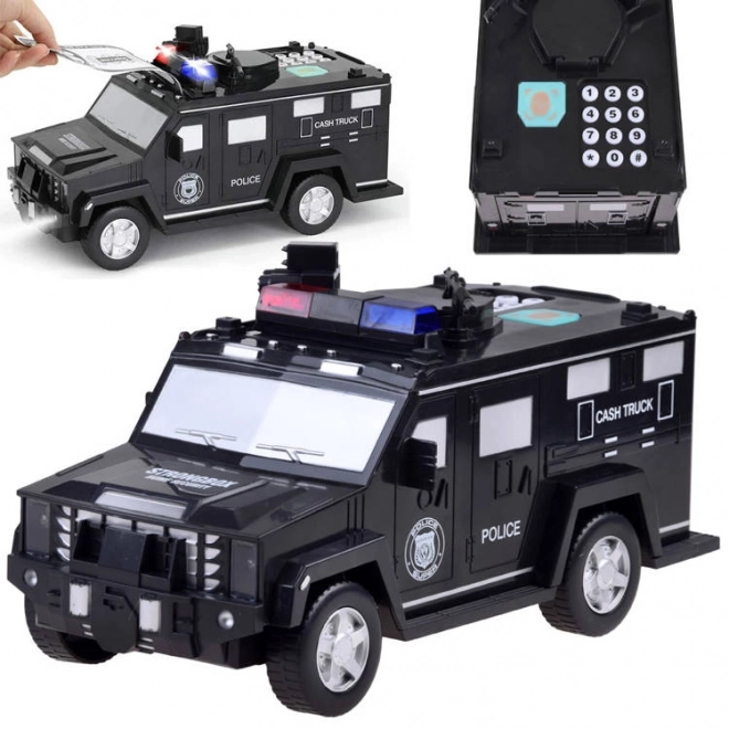 Dětská kasička s heslem a otiskem prstu - policejní auto – Černá