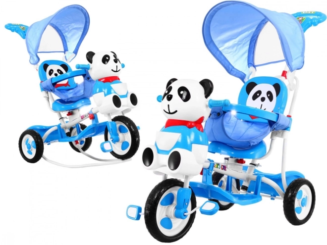 Dětské tříkolové kolo Panda + zvuky + stříška + zábrana + opěrka nohou + rukojeť + ližiny + úložný prostor – Modré