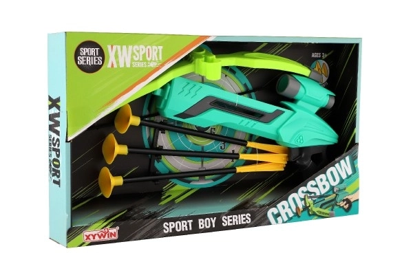 Pistole/kuše s lukem na přísavky plast 25cm + šípy 3ks v krabici 36x21x5cm