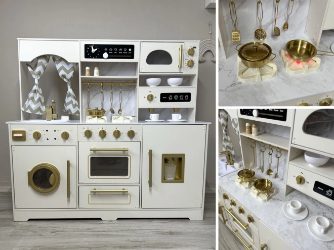 Velká dřevěná kuchyně Glamour style Zlaté příslušenství Světlo + zvuk ZA5270