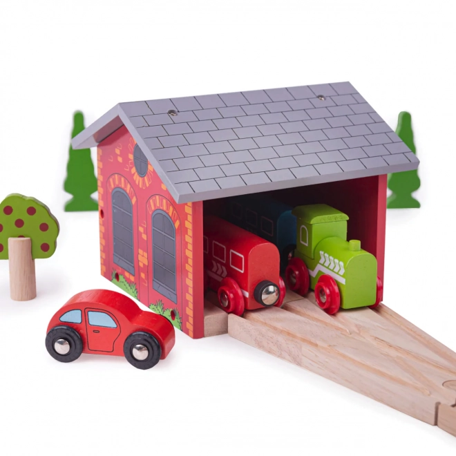 Dřevěné depo pro dva vlakové soupravy Bigjigs Rail