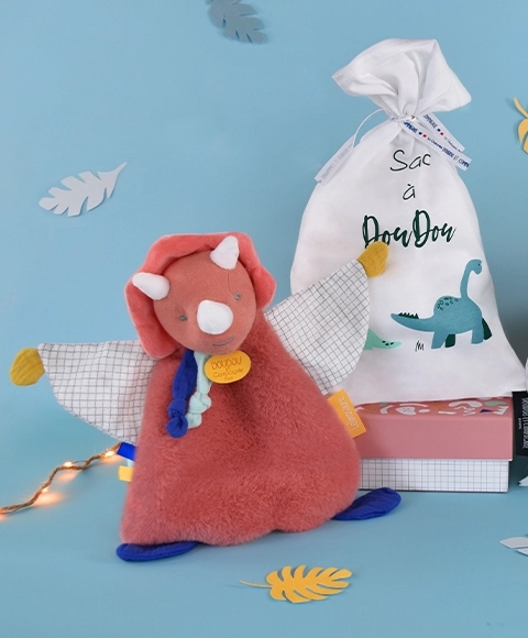 Doudou dárková sada - hračka s úchytem na dudlík dinosaurus růžový