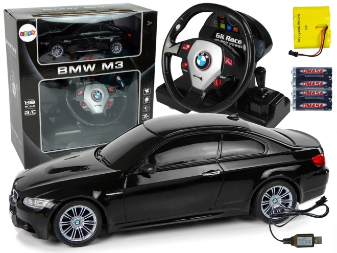 BMW M3 dálkově ovládané auto černé 2.4G dálkové ovládání volantu 1:18 zvuková světla