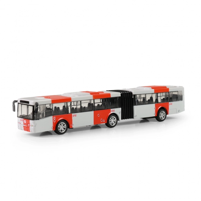 Červený kovový kloubový autobus PID Praha