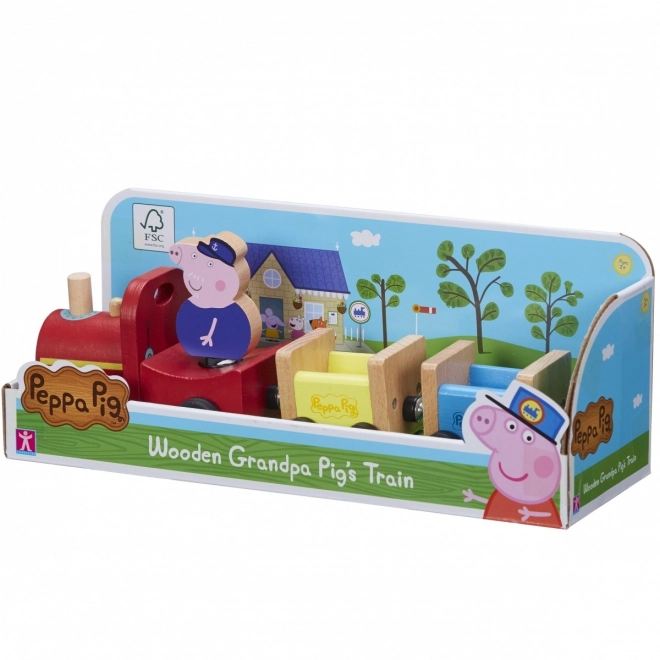 Dřevěný vlak Prasátko Peppa + figurka děda