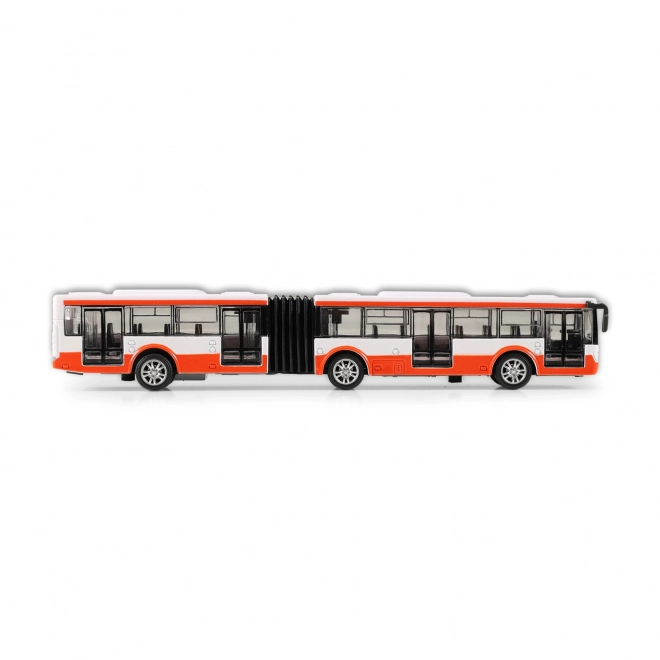 Kovový červený kloubový autobus