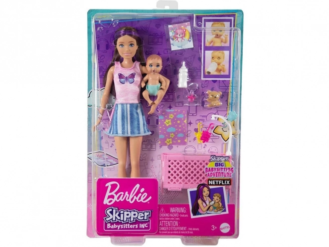 Loutka Barbie Skipper Babysitters opatrovnice s kojencem a doplňky