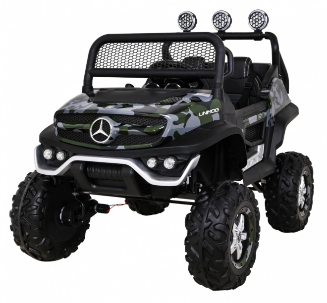 Mercedes Benz Unimog pro děti Moro lak + pohon 4x4 + dálkové ovládání + zavazadlový prostor + pomalý start + MP3 LED
