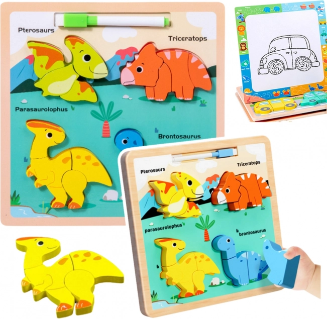 Dřevěná vzdělávací skládačka Dinosauři s kreslící tabulí
