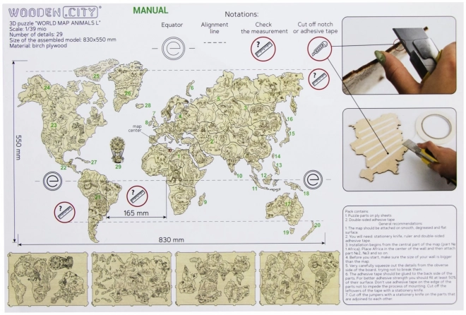 Dřevěná zvířecí mapa světa 3D, velikost M