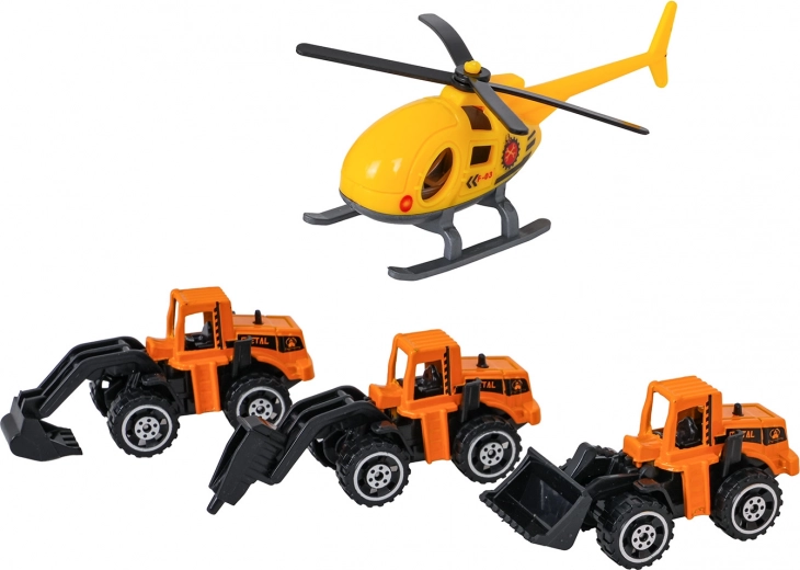 3 kovová stavební auta a helikoptéra