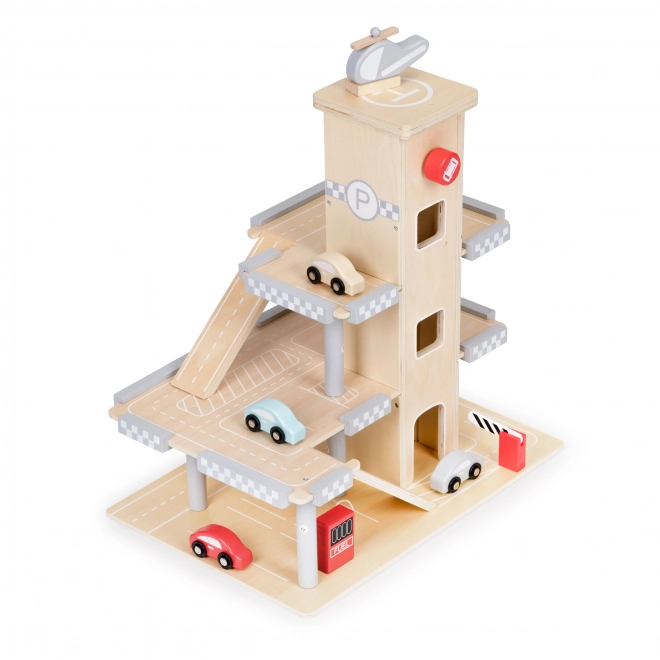 ECOTOYS Velká dřevěná garáž s výtahem a autíčky