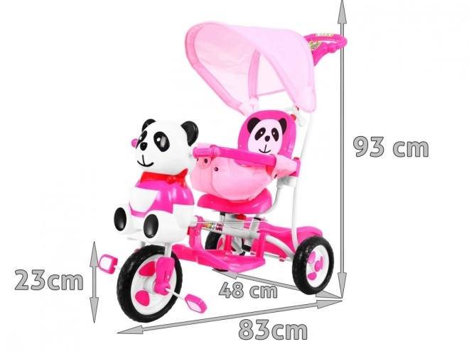 Dětské tříkolové kolo Panda + zvuky + stříška + zábrana + opěrka nohou + rukojeť + ližiny + úložný prostor – Růžové