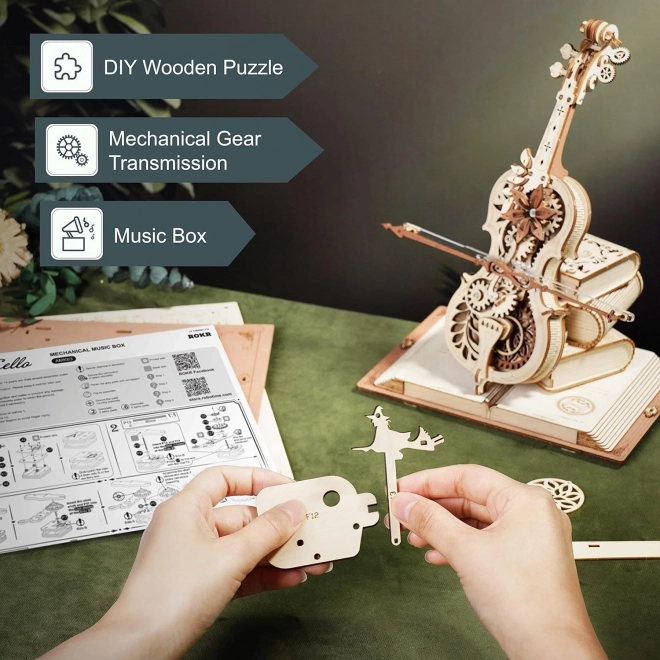 RoboTime dřevěné mechanické puzzle Kouzelné violoncello (elektrický pohon)