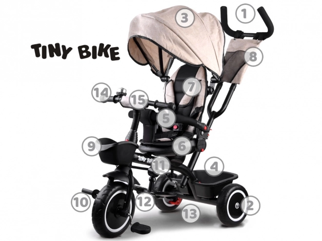 Dětská tříkolka Tiny Bike 3v1 s otočnou sedačkou a stříškou – Béžová