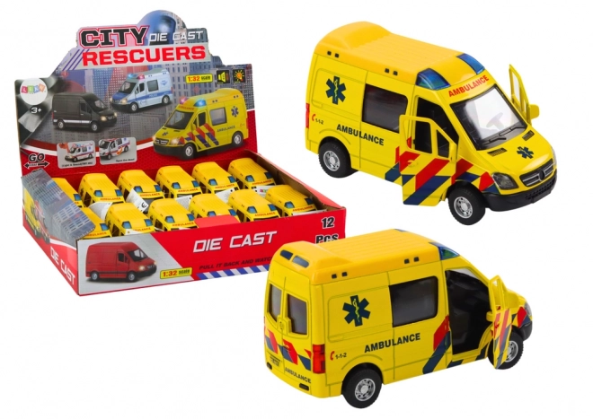 Ambulance model 1:32 s otevíracími dveřmi a světelnými a zvukovými efekty - žlutá