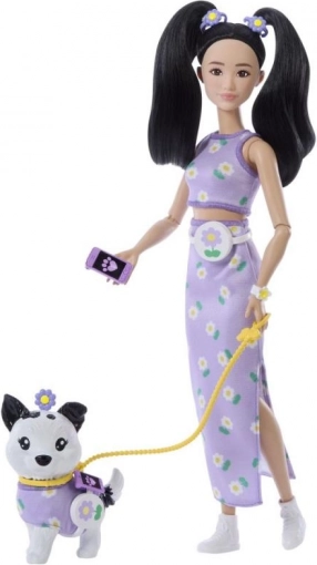 barbie dvojitý outfit květiny – panenka s pejskem a doplňky