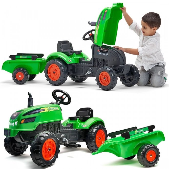 Šlapací traktor s vlečnou a otevírací kapotou zelený