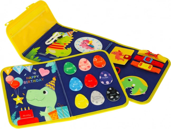 Montessori senzorická manipulační deska s motivem dinosauře modrá