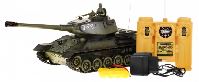Dálkově ovládaný tank T-34 pro děti 3+ Zelený střílející model 1:28 + Velká tanková bitva + zvuky Světla