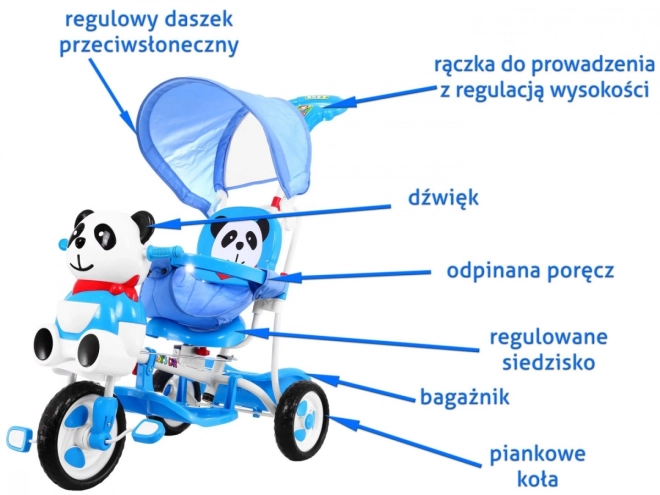 Dětské tříkolové kolo Panda + zvuky + stříška + zábrana + opěrka nohou + rukojeť + ližiny + úložný prostor – Modré