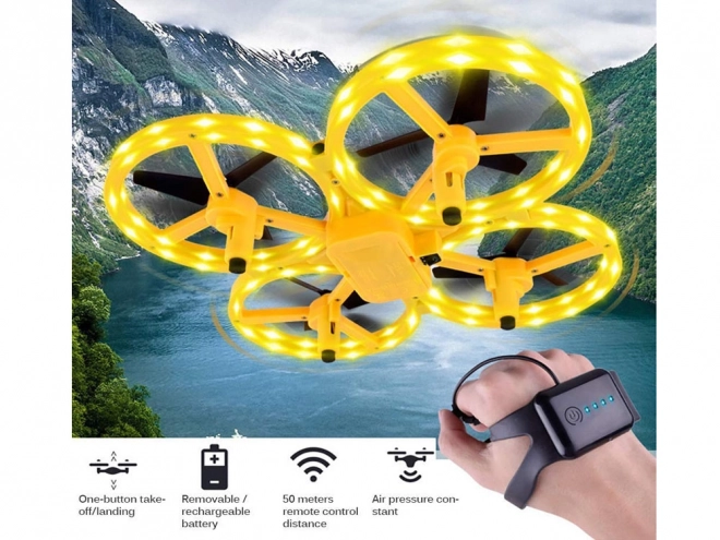 Dron ovládaný gesty rukou + dálkové ovládání Kvadrokoptéra RC0573 – Žlutá
