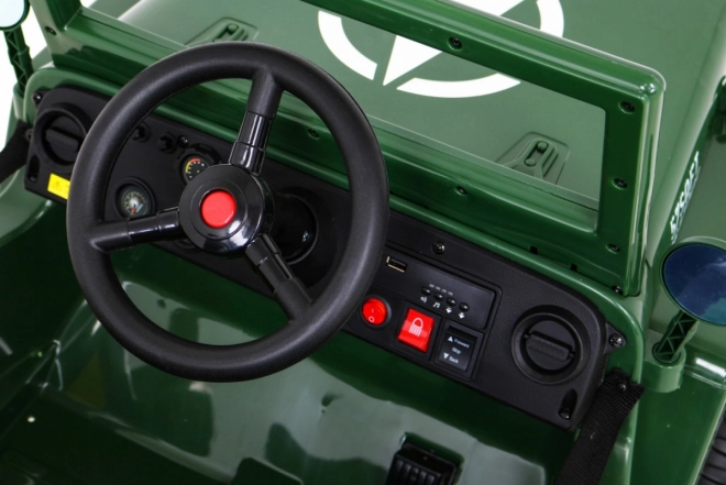 Retro vojenské auto pro děti zelené + pohon 4x4 + dálkové ovládání + 2 nosiče zavazadel + pomalý start + MP3 LED