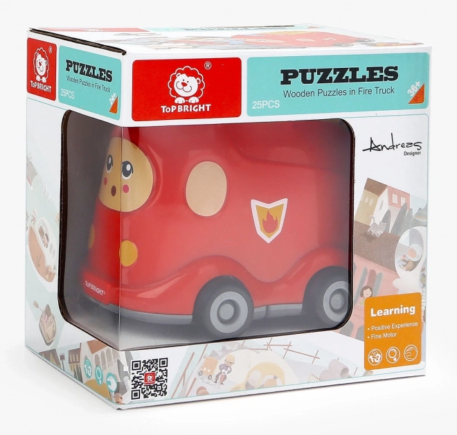 TOP BRIGHT Dřevěné puzzle s hračkou: Hasičské auto 24 dílků