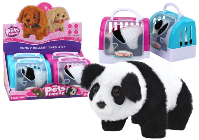 Interaktivní plyšová panda v růžovo-modrém přepravníku