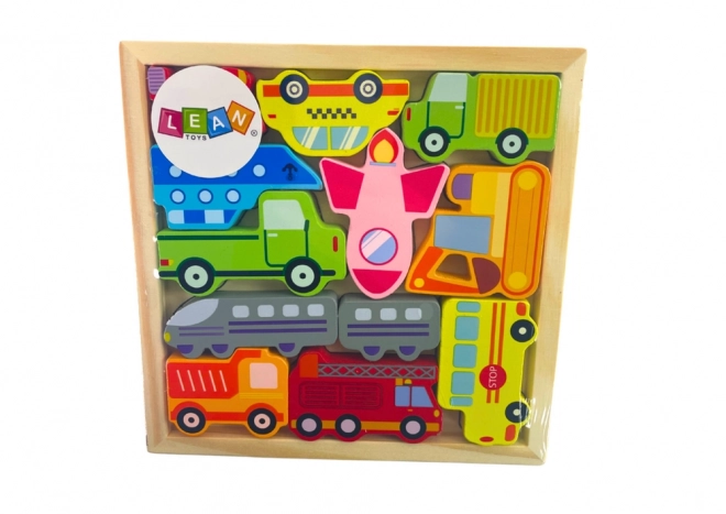 Dřevěné puzzle pro přiřazování dopravních prostředků Taxi Bus