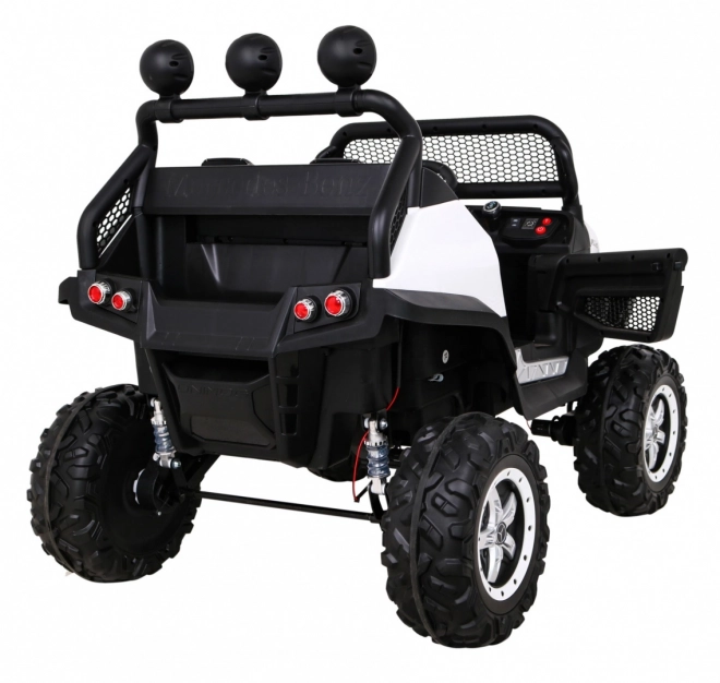 Mercedes Benz Unimog pro děti bílý + pohon 4x4 + dálkové ovládání + nosič zavazadel + pomalý start + MP3 LED