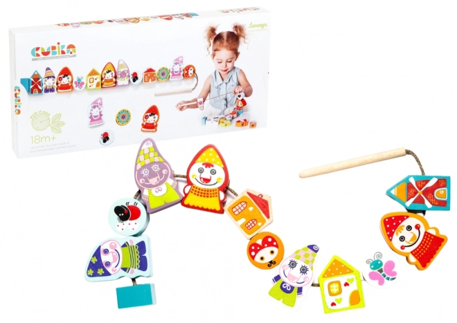 CUBIKA 13654 Navlékací trpaslíci - navlékací set - 13 dřevěných dílů a 8 předloh