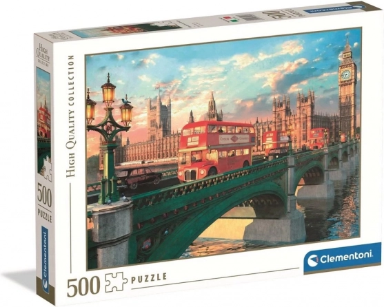 Puzzle 500 dílků CLEMENTONI – Westminster Bridge, Big Ben a červený autobus