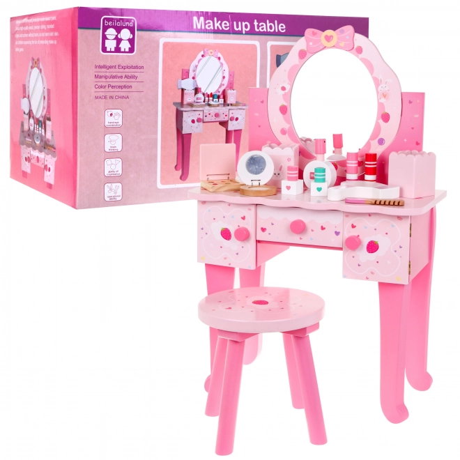 Dřevěná toaletka s taburetem pro holčičky Domácí salon krásy Make-up + Příslušenství