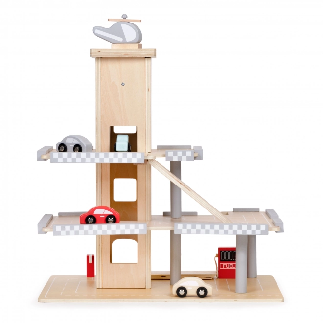 ECOTOYS Velká dřevěná garáž s výtahem a autíčky